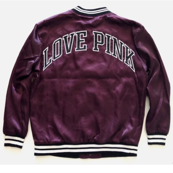 PINK Victoria's Secret Jackets & Blazers - PINK Victorias Secret Nwt Black Orchid Satin Logo Snap Bomber Jacket XS